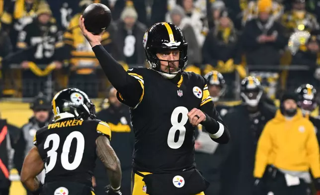 Pittsburgh Steelers quarterback Aaron Rodgers (8) throws during the first half of an NFL wild-card playoff football game against the Houston Texans, Monday, Jan. 12, 2026, in Pittsburgh. (AP Photo/Justin Berl)