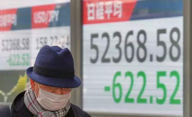 A person walks in front of an electronic stock board showing Japan's Nikkei index at a securities firm Wednesday, Jan. 21, 2026, in Tokyo. (AP Photo/Eugene Hoshiko)