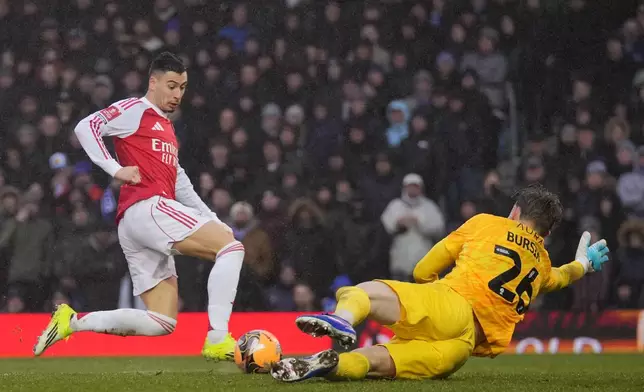 Arsenal's Gabriel Martinelli scores during the FA Cup third round soccer match between Portsmouth and Arsenal in Portsmouth, England, Sunday, Jan. 11, 2026. (AP Photo/Kin Cheung)