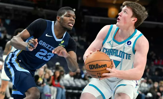 Charlotte Hornets guard Kon Knueppel (7) looks to shoot against Memphis Grizzlies forward Cedric Coward (23) in the first half of an NBA basketball game Wednesday, Jan. 28, 2026, in Memphis, Tenn. (AP Photo/Brandon Dill)