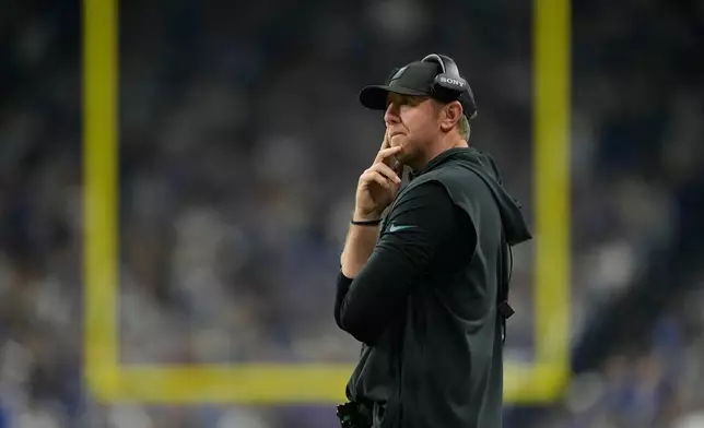 Jacksonville Jaguars head coach Liam Coen watches from the sidelines during the second half of an NFL football game against the Indianapolis Colts Sunday, Dec. 28, 2025, in Indianapolis. (AP Photo/Carolyn Kaster)