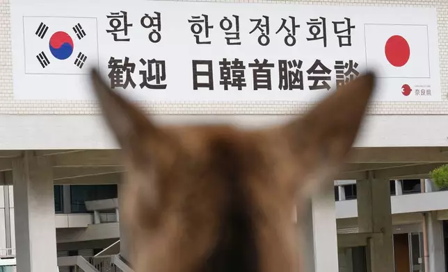 A deer stands in a park in Nara, western Japan, Wednesday, Jan. 14, 2026, near a banner reading "Welcome Japan-South Korea Summit Meeting" hoisted at a public building.(AP Photo/Eugene Hoshiko)