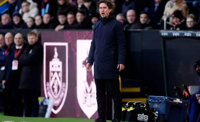 Tottenham Hotspur manager Thomas Frank reacts on the touchline, during the English Premier League soccer match between Burnley and Tottenham Hotspur, at Turf Moor, in Burnley, England, Saturday, Jan. 24, 2026. (Nick Potts/PA via AP)