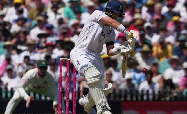 England's Ben Duckett bats during play on day one of the fifth and final Ashes cricket test between England and Australia in Sydney, Sunday, Jan. 4, 2026. (AP Photo/Mark Baker)