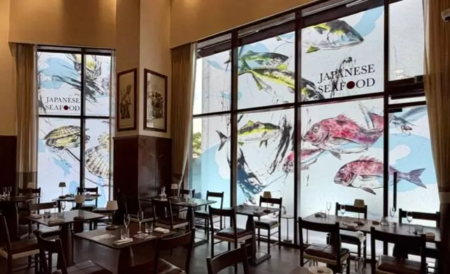 Sumi-e–style wall decoration featuring the four seafood items