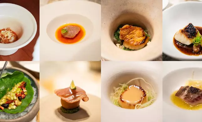 Dishes featuring the four selected seafood items, from left: oysters, yellowtail, scallops, and red sea bream