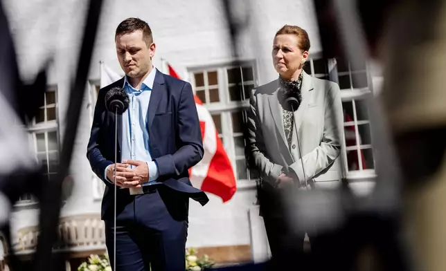 CORRECT THE ORDER OF SPEAKERS, FILE - Denmark's Prime Minister Mette Frederiksen, right, and Greenland's Prime Minister Jens-Frederik Nielsen, left, speak on April 27, 2025, in Marienborg, Denmark. (Mads Claus Rasmussen/Ritzau Scanpix via AP, File)