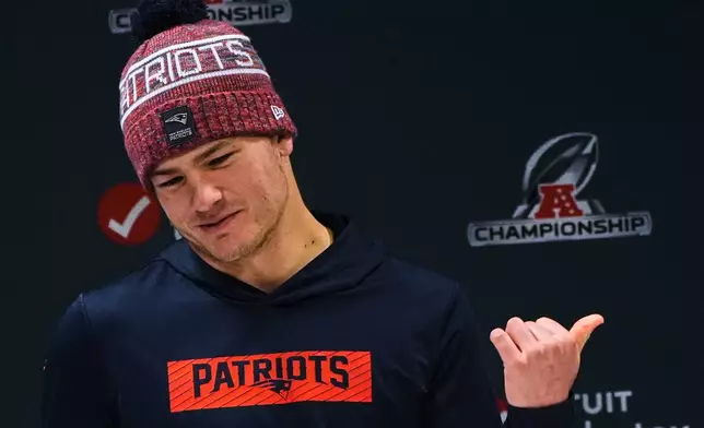 New England Patriots quarterback Drake Maye answers a question during a football availability, Friday, Jan. 23, 2026, in Foxborough, Mass. (AP Photo/Charles Krupa)
