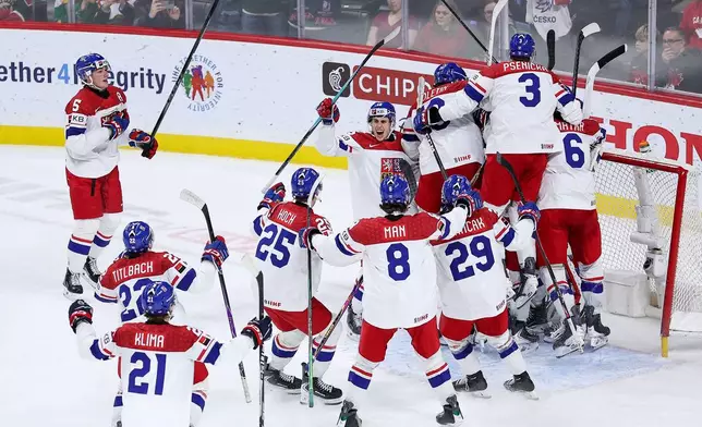 Czechia players celebrate their teams win during the third period of an IIHF World Junior Hockey Championship semifinals game against Canada, Sunday, Jan. 4, 2026, in St. Paul, Minn. (AP Photo/Matt Krohn)
