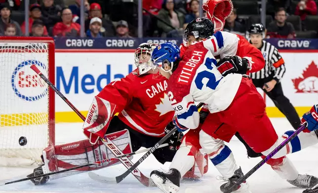 Czechia's Adam Titlbach (22) shoots on Canada goaltender Jack Ivankovic during the second period of an IIHF World Junior Hockey Championship semifinals game, Sunday, Jan. 4, 2026, in St. Paul, Minn. (Christopher Katsarov/The Canadian Press via AP)