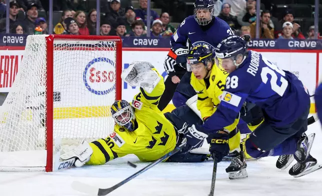 Sweden goalie Love Harenstam defends his net against Finland during the first period of an IIHF World Junior Hockey Championship semifinals game, Sunday, Jan. 4, 2026, in St. Paul, Minn. (AP Photo/Matt Krohn)