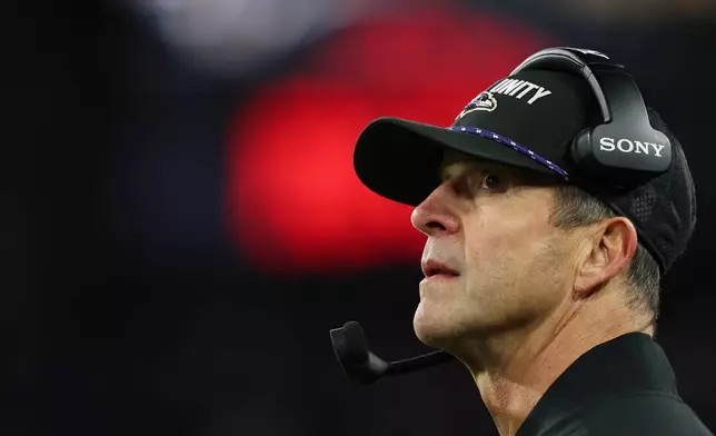 FILE - Baltimore Ravens head coach John Harbaugh looks on from the sideline during the second half of an NFL football game against the New England Patriots, Sunday, Dec. 21, 2025, in Baltimore. (AP Photo/Terrance Williams, File)