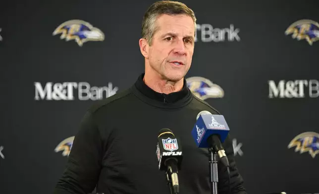 Baltimore Ravens head coach John Harbaugh speaks during a news conference after an NFL football game against the Pittsburgh Steelers, Sunday, Jan. 4, 2026, in Pittsburgh. (AP Photo/Justin Berl)