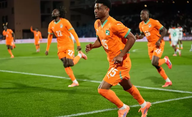 Ivory Coast's Amad Diallo celebrates after scoring his sides first goal during the Africa Cup of Nations best of 16 soccer match between Ivory Coast and Burkina Faso in Marrakech, Morocco, Tuesday, Jan. 6, 2026. (AP Photo/Themba Hadebe)