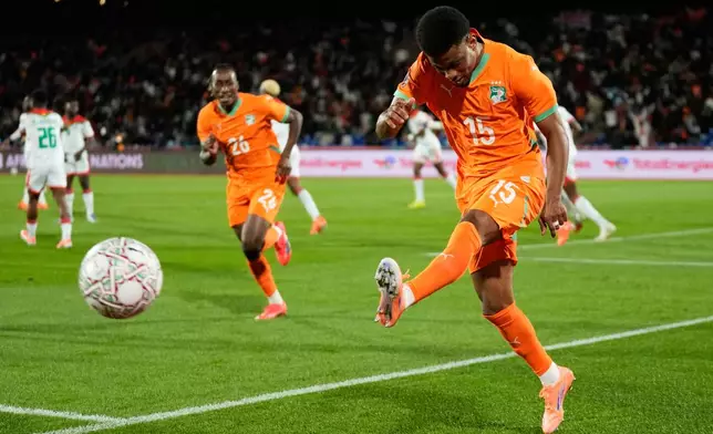 Ivory Coast's Amad Diallo celebrates after scoring his sides first goal during the Africa Cup of Nations best of 16 soccer match between Ivory Coast and Burkina Faso in Marrakech, Morocco, Tuesday, Jan. 6, 2026. (AP Photo/Themba Hadebe)