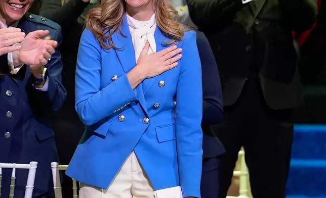 New Jersey Governor-elect Mikie Sherrill reacts as she arrives for her inauguration, Tuesday, Jan. 20, 2026, in Newark, N.J. (AP Photo/Seth Wenig)