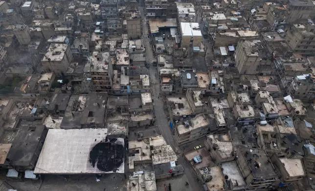 An aerial view shows the area in the predominantly Kurdish Sheikh Maqsoud neighborhood where clashes broke out Tuesday Jan. 6 between government forces and the Kurdish-led Syrian Democratic Forces in the northern city of Aleppo, Syria, Monday, Jan. 12, 2026. (AP Photo/Omar Albam)