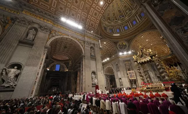 Pope Leo XIV presides over the first Vespers and the 'Te Deum' in St. Peter's Basilica at the Vatican, Wednesday, Dec. 31, 2025. (AP Photo/Andrew Medichini)