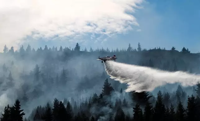 A plane drops water to battle wildfires in Epuyen, Patagonia, Argentina, Sunday, Jan. 11, 2026. (AP Photo/Nicolas Palacios)