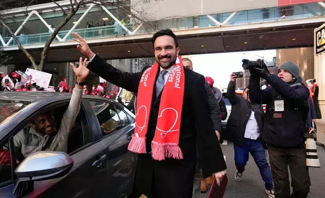 New York Mayor Zohran Mamdani arrives as nurses strike outside New York-Presbyterian Hospital, Monday, Jan. 12, 2026, in New York. (AP Photo/Yuki Iwamura)