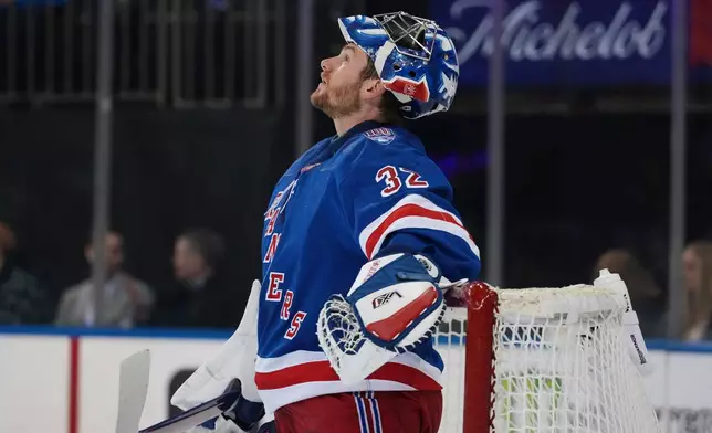 New York Rangers goaltender Jonathan Quick (32) reacts after Ottawa Senators' Nick Jensen scored a goal during the first period of an NHL hockey game Wednesday, Jan. 14, 2026, in New York. (AP Photo/Frank Franklin II)