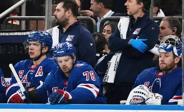 New York Rangers' Artemi Panarin, left, Brennan Othmann, center, and goaltender Jonathan Quick react during the second period of an NHL hockey game against the Ottawa Senators Wednesday, Jan. 14, 2026, in New York. (AP Photo/Frank Franklin II)