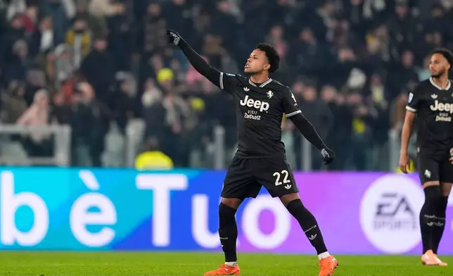 Juventus' Weston McKennie celebrates scoring during the Serie A soccer match between Juventus and Lecce in Turin, Italy, Saturday Jan. 3, 2026. (Fabio Ferrari/LaPresse via AP)