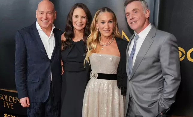 Evan Handler, from left, Kristin Davis, Sarah Jessica Parker and David Eigenberg arrive at the Golden Globes Golden Eve on Tuesday, Jan. 6, 2026, at The Beverly Hilton Hotel, in Beverly Hills, Calif. (Photo by Jordan Strauss/Invision/AP)