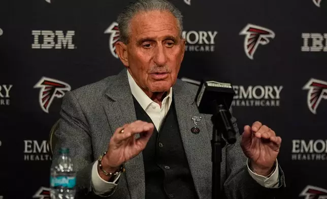 Atlanta Falcons Owner Arthur Blank speaks during a news conference, Thursday, Jan. 8, 2026, in Atlanta. (AP Photo/Mike Stewart)