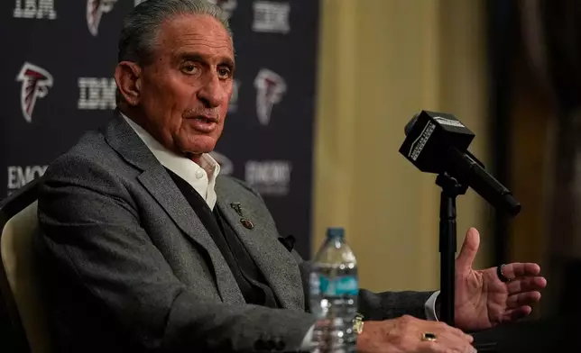 Atlanta Falcons Owner Arthur Blank speaks during a news conference, Thursday, Jan. 8, 2026, in Atlanta. (AP Photo/Mike Stewart)