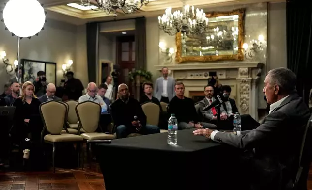 Atlanta Falcons Owner Arthur Blank speaks during a news conference, Thursday, Jan. 8, 2026, in Atlanta. (AP Photo/Mike Stewart)