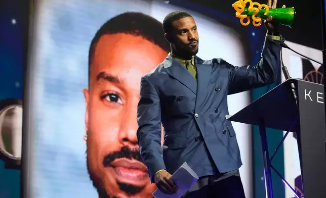 Michael B. Jordan accepts the icon award for his roles in "Sinners" during the 37th Palm Springs International Film Festival Film Awards on Saturday, Jan. 3, 2026 at Palm Springs Convention Center in Palm Springs, Calif. (AP Photo/Chris Pizzello)