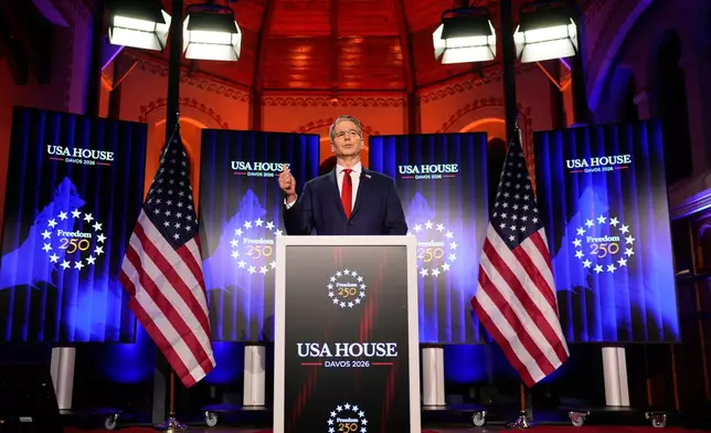 Scott Bessent, US Secretary of the Treasury, holds a speech at the USA House during the Annual Meeting of the World Economic Forum in Davos, Switzerland, Tuesday, Jan. 20, 2026. (AP Photo/Markus Schreiber)