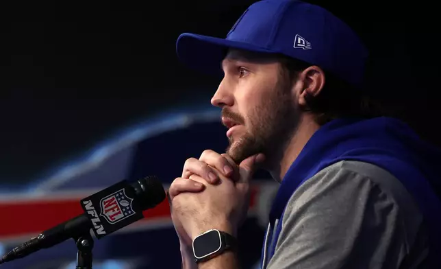 Buffalo Bills quarterback Josh Allen speaks at a NFL news conference in Orchard Park, N.Y., Thursday, Jan. 29, 2026. (AP Photo/Jeffrey T. Barnes)