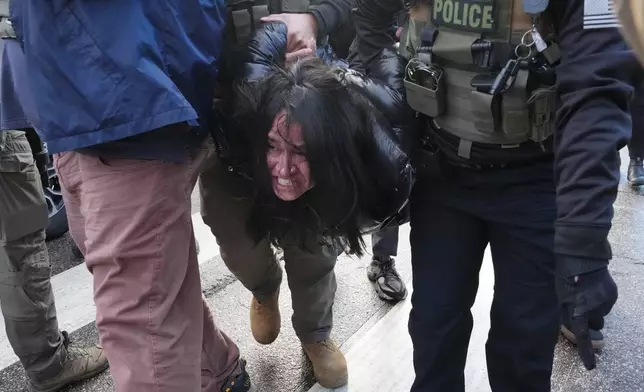 A protester is detained by Federal agents near the scene where Renee Good was fatally shot by an ICE officer last week, Tuesday, Jan. 13, 2026, in Minneapolis.(AP Photo/Adam Gray)(AP Photo/Adam Gray)