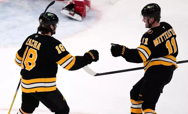 Boston Bruins center Pavel Zacha, left, is congratulated by Casey Mittelstadt (11) after his goal against Detroit Red Wings goaltender Cam Talbot during the second period of an NHL hockey game, Tuesday, Jan. 13, 2026, in Boston. (AP Photo/Charles Krupa)