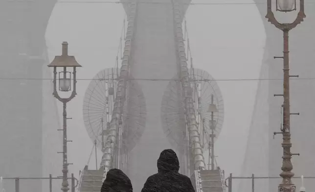 FILE - A couple holds hands as they walk across the Brooklyn Bridge as it snows on Sunday, Jan. 25, 2026, in New York. (AP Photo/Alyssa Goodman, File)