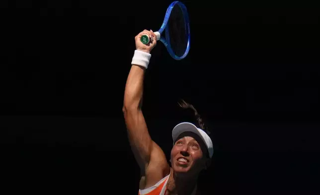 FILE - Jessica Pegula of the U.S. serves against her compatriot Madison Keys during their fourth round match at the Australian Open tennis championship in Melbourne, Australia, Monday, Jan. 26, 2026. (AP Photo/Asanka Brendon Ratnayake, File)