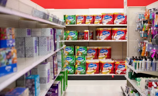 Toilet paper sits on shelves at Target in Alexandria, Va., Jan. 4, 2026. (AP Photo/Michael Phillis)