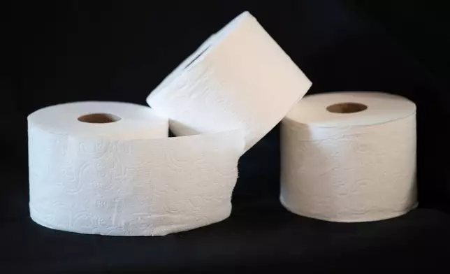 This photo shows stacked toilet paper in Arlington, Va., Jan. 3, 2026. (AP Photo/Michael Phillis)