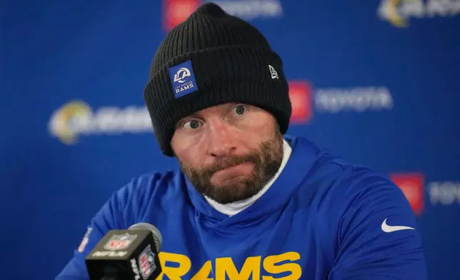 Los Angeles Rams head coach Sean McVay talks to reporters following an overtime victory over the Chicago Bears NFL football divisional playoff game Sunday, Jan. 18, 2026, in Chicago. (AP Photo/Erin Hooley)