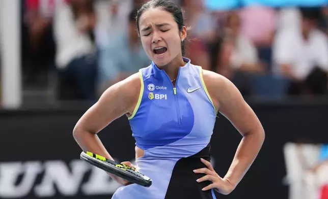 Alexandra Eala of the Philippines reacts during her first round match against Alycia Parks of the U.S. at the Australian Open tennis championship in Melbourne, Australia, Monday, Jan. 19, 2026. (AP Photo/Aaron Favila)
