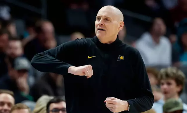 Indiana Pacers head coach Rick Carlisle argues for a foul call during the first half of an NBA basketball game against the Charlotte Hornets in Charlotte, N.C., Thursday, Jan. 8, 2026. (AP Photo/Nell Redmond)