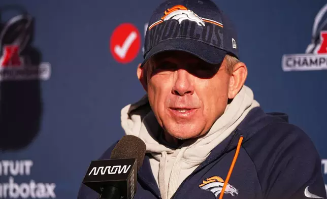 Denver Broncos head coach Sean Payton responds to questions after an NFL football practice at the team's headquarters Wednesday, Jan. 21, 2026, in Centennial, Colo. (AP Photo/David Zalubowski)