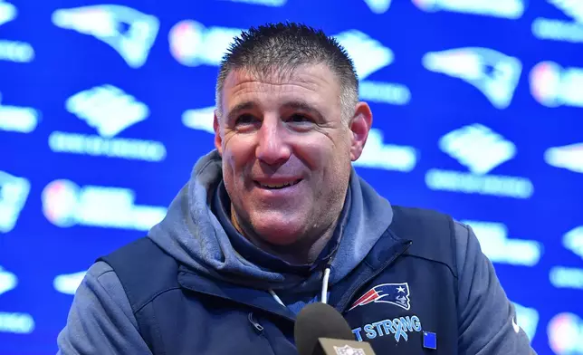 New England Patriots head coach Mike Vrabel speaks at a news conference after an NFL divisional playoff football game against the Houston Texans, Sunday, Jan. 18, 2026, in Foxborough, Mass. (AP Photo/Steven Senne)