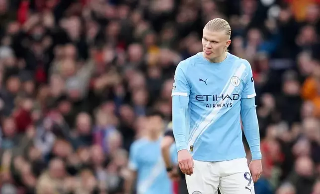 Manchester City's Erling Haaland reacts during the English Premier League soccer match between Manchester United and Manchester City in Manchester, England, Saturday, Jan. 17, 2026. (AP Photo/Dave Thompson)