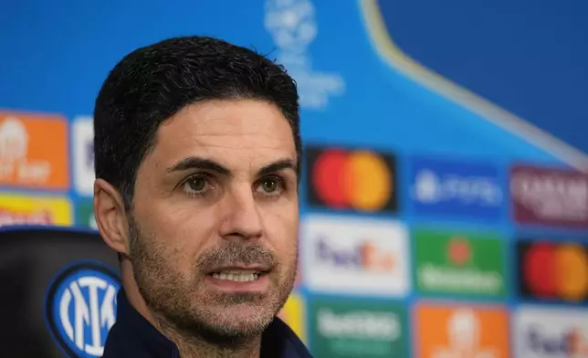 Arsenal's manager Mikel Arteta speaks during a press conference in Milan, Italy, Monday, Jan. 19, 2026, ahead of the Champions League opening phase soccer match between Inter Milan and Arsenal. (AP Photo/Antonio Calanni)