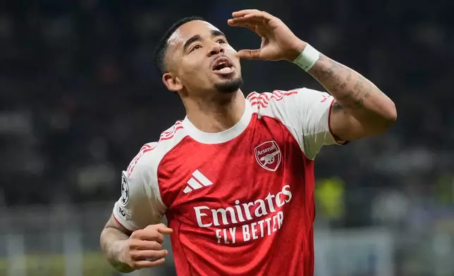 Arsenal's Gabriel Jesus celebrates after scoring his side's second goal during the Champions League opening phase soccer match between Inter Milan and Arsenal in Milan, Italy, Tuesday, Jan. 20, 2026. (AP Photo/Luca Bruno)
