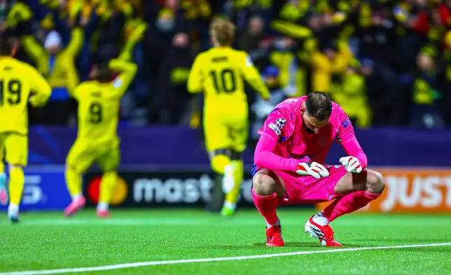 Manchester City goalkeeper Gianluigi Donnarumma after letting in a goal during the Champions League soccer match between Bodo/Glimt and Manchester City in Bodo, Norway, Tuesday, Jan. 20, 2026. (Fredrik Varfjell/NTB via AP)