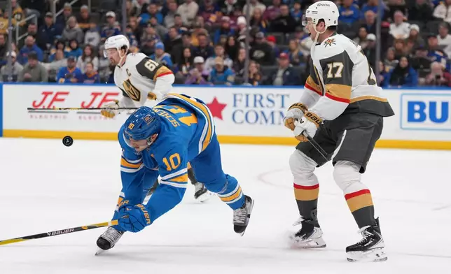 St. Louis Blues' Brayden Schenn (10) and Vegas Golden Knights' Ben Hutton (17) battle for a loose puck during the second period of an NHL hockey game Friday, Jan. 2, 2026, in St. Louis. (AP Photo/Jeff Roberson)